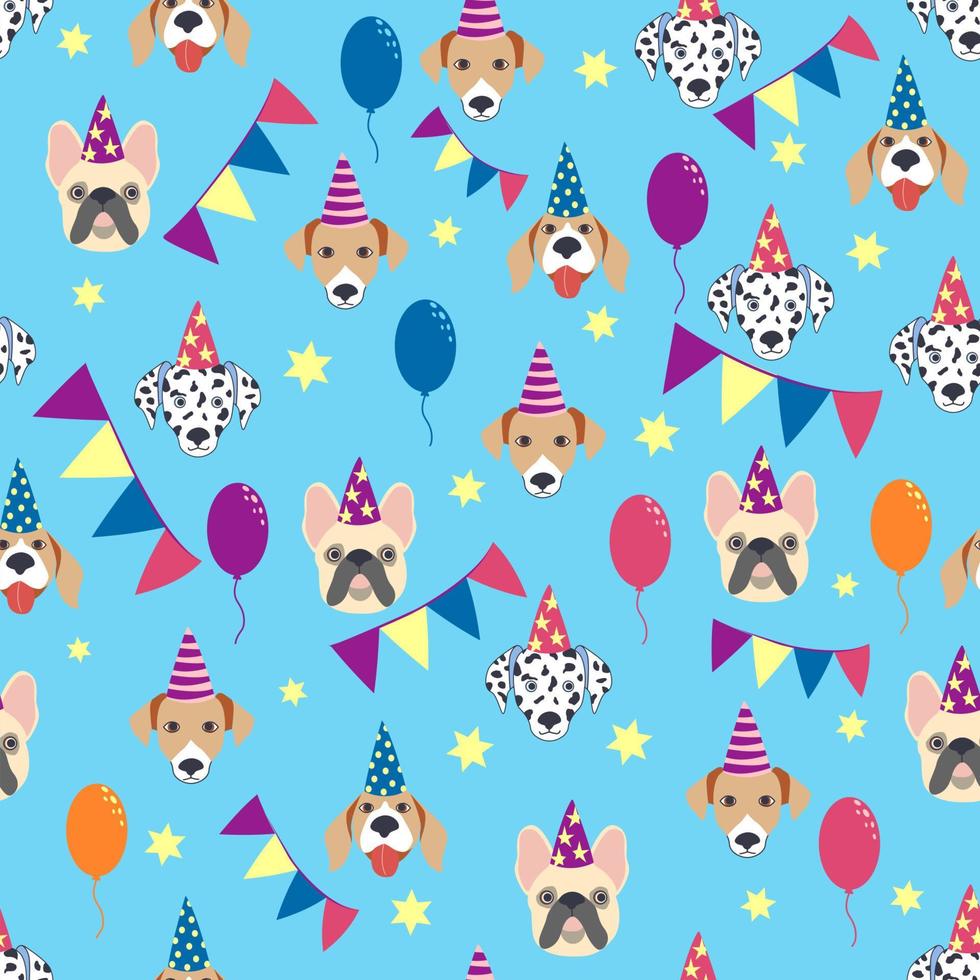 Happy birthday seamless pattern with cartoon dogs of the Dalmatian, Bulldog, Terrier breed. Birthday gifts, balloons vector