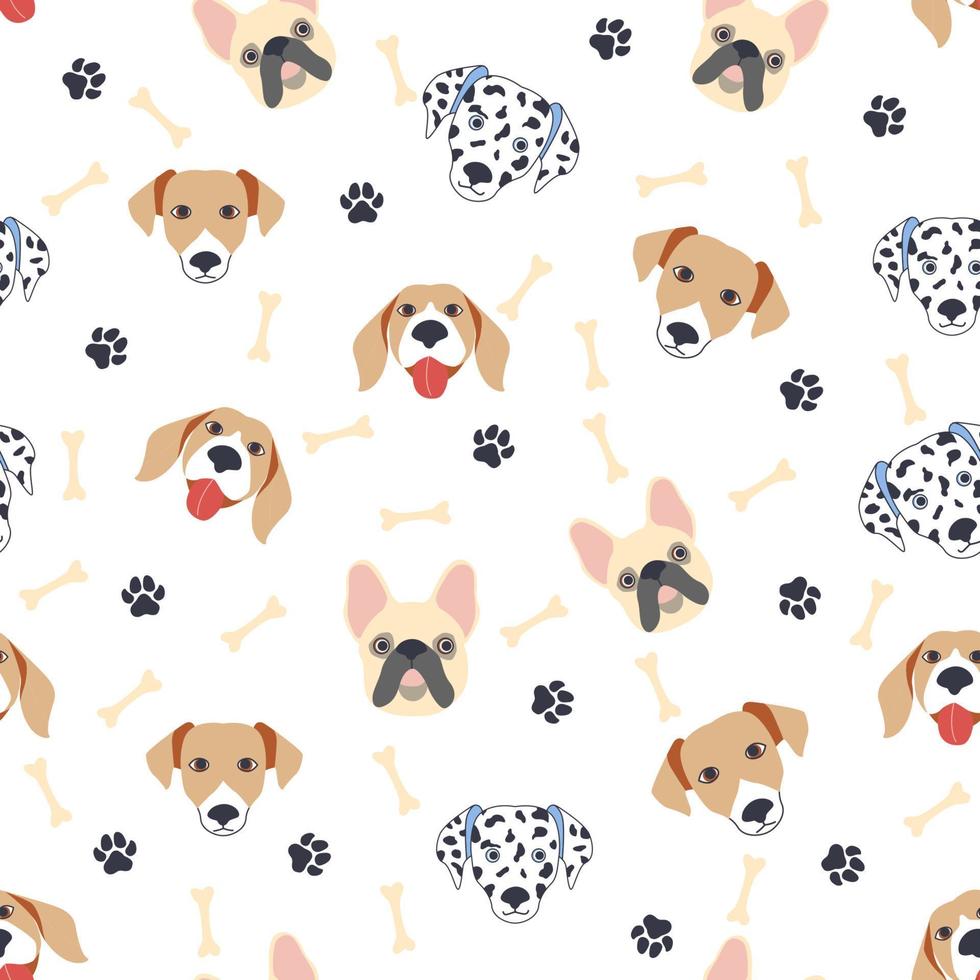 Seamless patterns with cute cartoon dogs muzzles. Dalmatian, Terrier, Bulldog vector