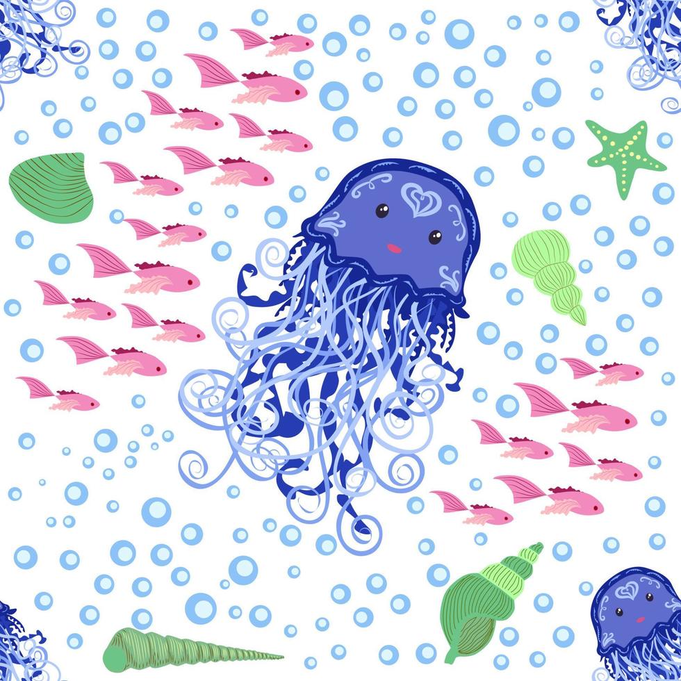 Seamless pattern with detailed transparent jellyfish. Childish seamless pattern with cute hand drawn fishes and jellyfishes in doodle style. Trendy nursery background vector