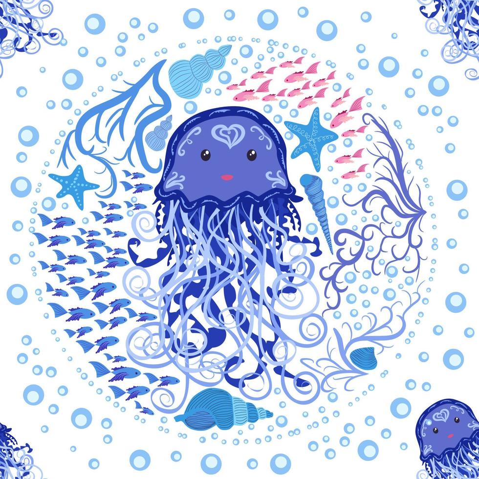 Seamless pattern with detailed transparent jellyfish. Childish seamless pattern with cute hand drawn fishes and jellyfishes in doodle style. Trendy nursery background vector