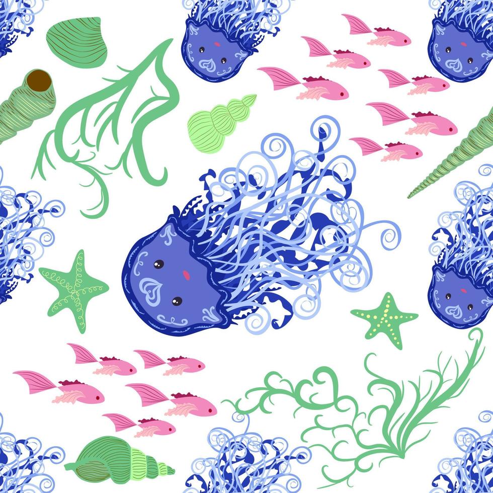 Seamless pattern with detailed transparent jellyfish. Childish seamless pattern with cute hand drawn fishes and jellyfishes in doodle style. Trendy nursery background vector