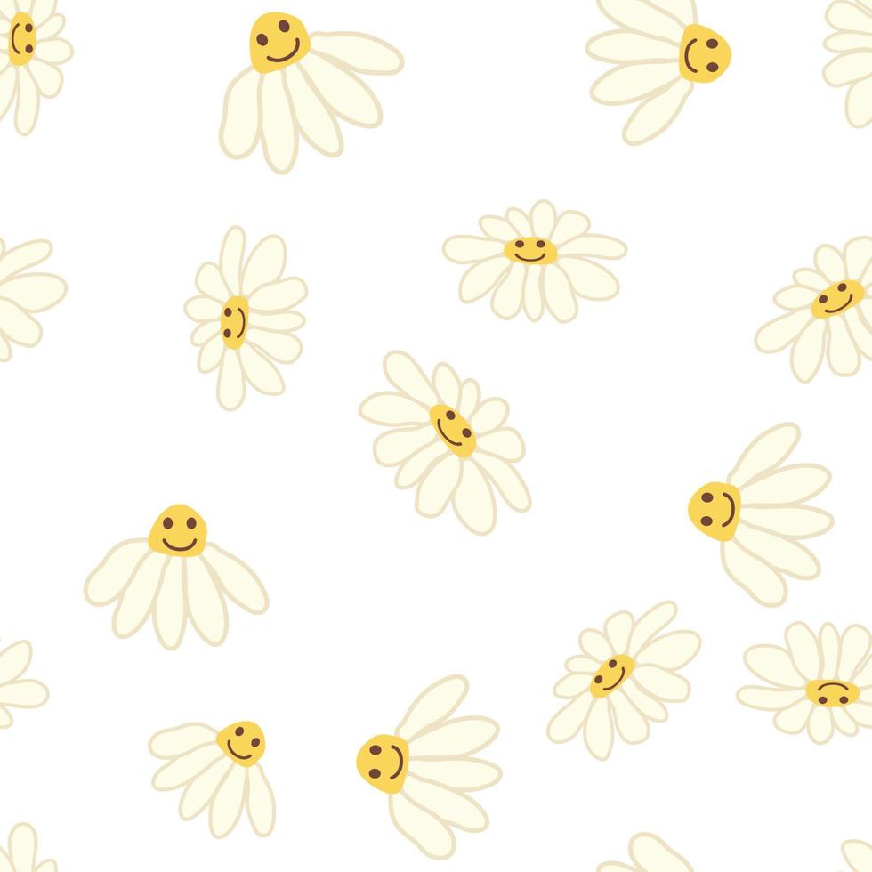 Groovy daisy retro seamless pattern. 70s vibe hippie ornament. Floral wallpaper. vector