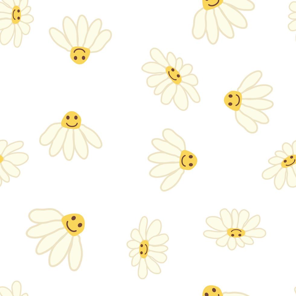 Groovy daisy retro seamless pattern. 70s vibe hippie ornament. Floral wallpaper. vector