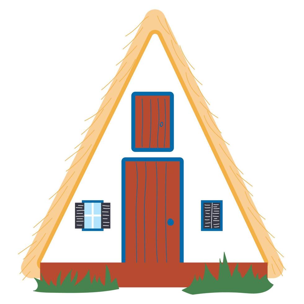 Palheiro. Portuguese traditional house. Triangular white house in Santana village in the east of Madeira island. vector