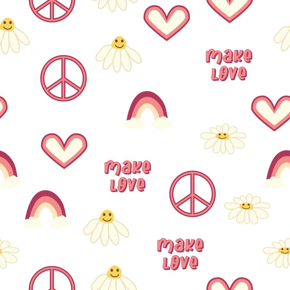 Love heart, peace symbol, rainbow retro 70s seamless pattern. Scattered heart shapes on a swirling background. vector