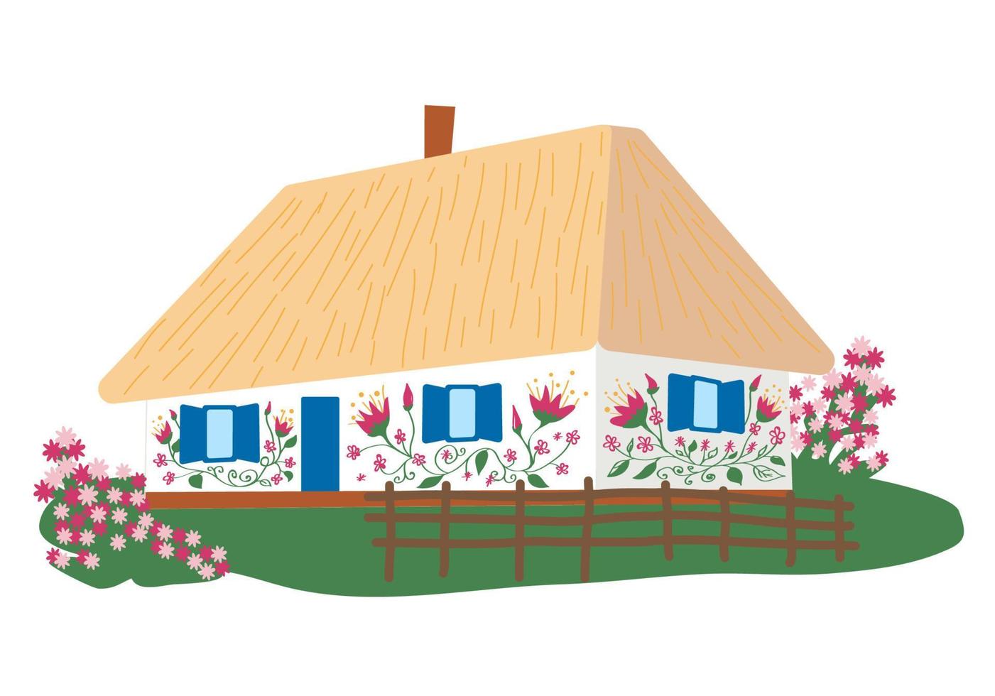 Ukrainian rural house with wooden fence. Ukrainian traditional house with white walls, thatched roof, flower garden and wicker fence. vector