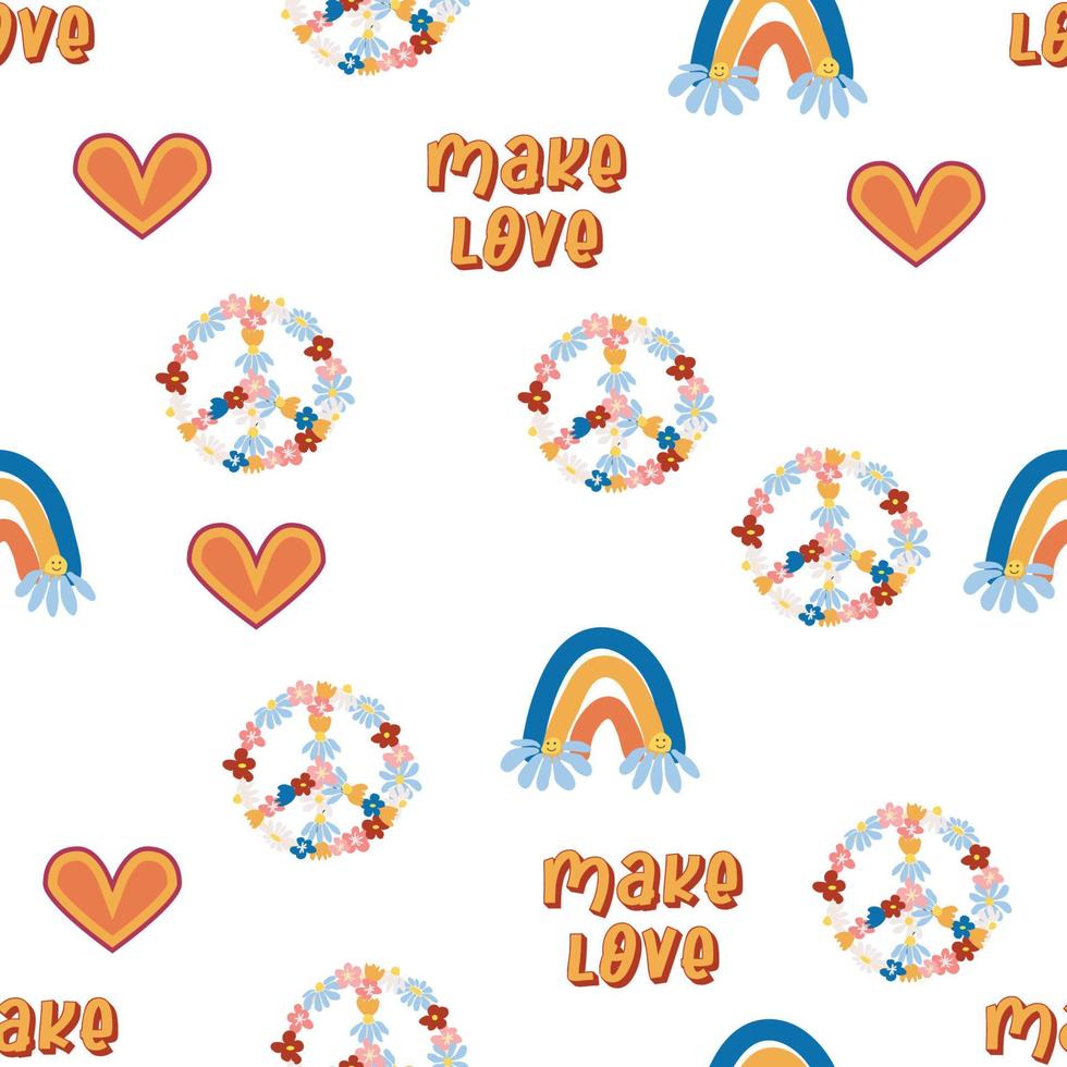 amor corazón, símbolo de paz, arco iris retro 70s patrón sin costuras. Formas de corazón dispersas sobre un fondo giratorio. vector