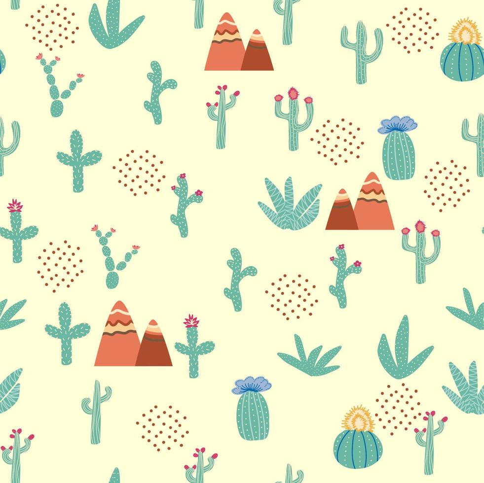 seamless pattern with different cactus. Bright repeated texture with green cacti. Natural background with desert plants vector