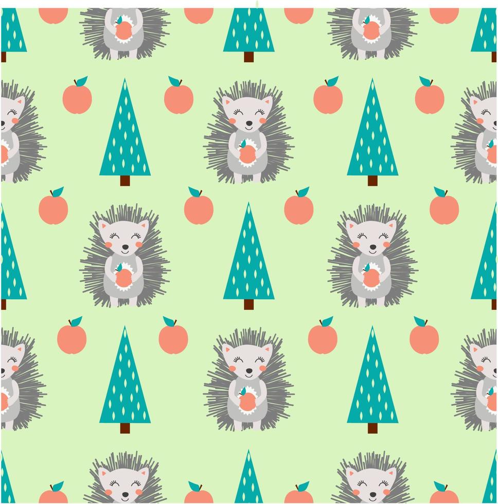 Cute seamless pattern with hedgehog, mushrooms and trees. Hand drawn vector