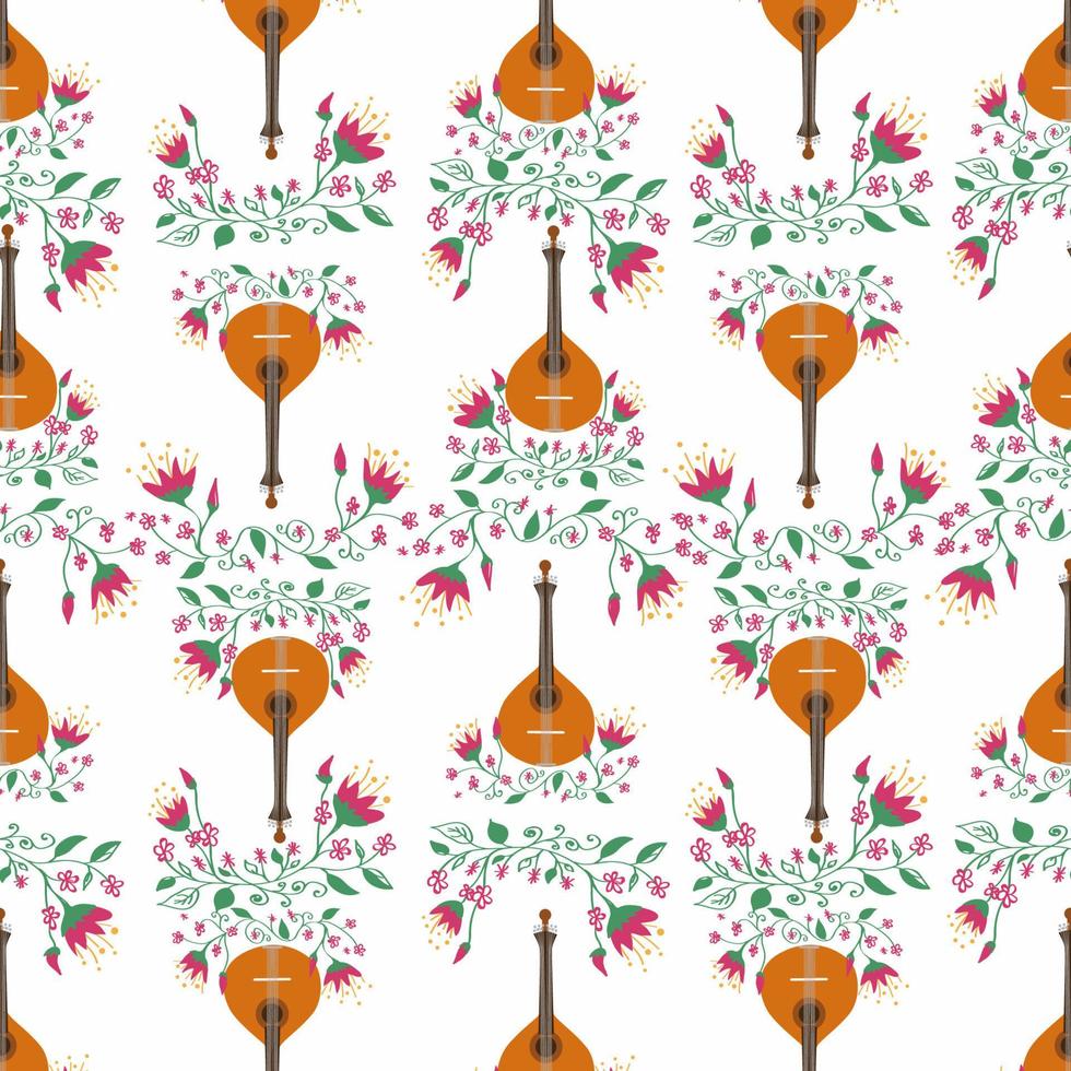 Portuguese guitar seamless pattern with flowers, typical azulejo tiles. Music and musical traditions vector