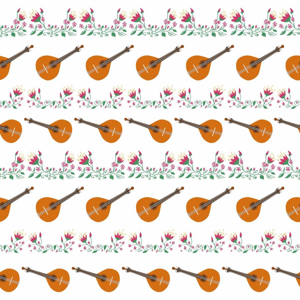 Portuguese guitar seamless pattern with flowers, typical azulejo tiles. Music and musical traditions vector