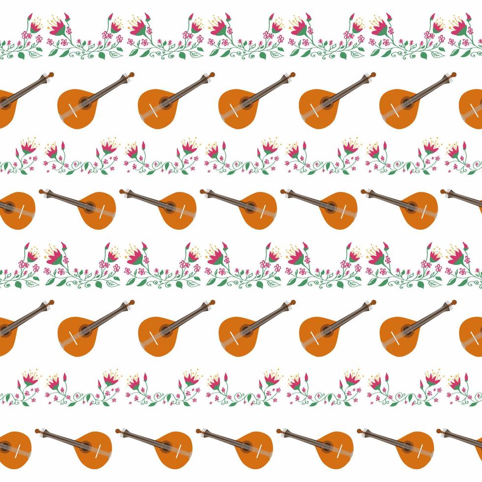 Portuguese guitar seamless pattern with flowers, typical azulejo tiles. Music and musical traditions vector