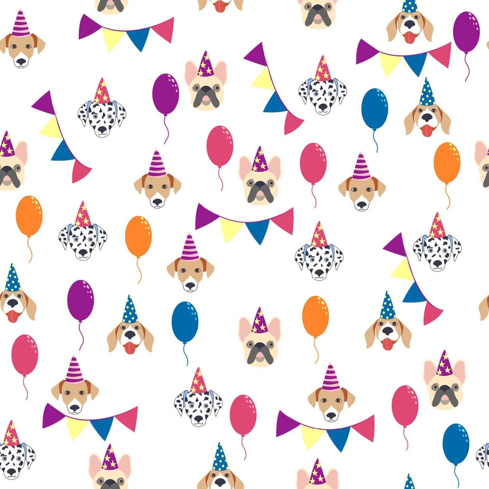 Happy birthday seamless pattern with cartoon dogs of the Dalmatian, Bulldog, Terrier breed. Birthday gifts, balloons vector