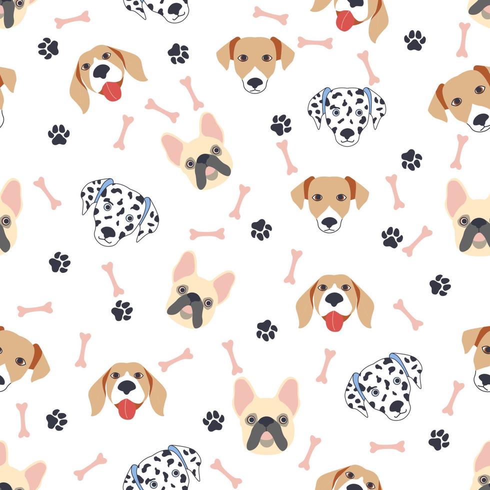 Seamless patterns with cute cartoon dogs muzzles. Dalmatian, Terrier, Bulldog vector