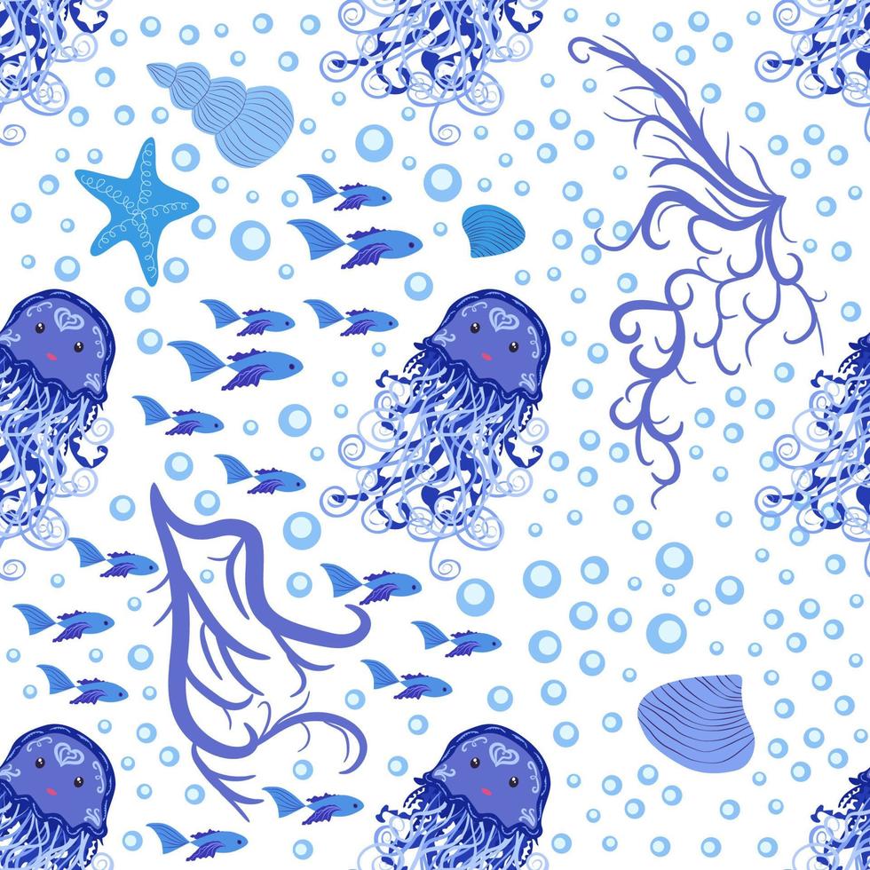 Seamless pattern with detailed transparent jellyfish. Childish seamless pattern with cute hand drawn fishes and jellyfishes in doodle style. Trendy nursery background vector