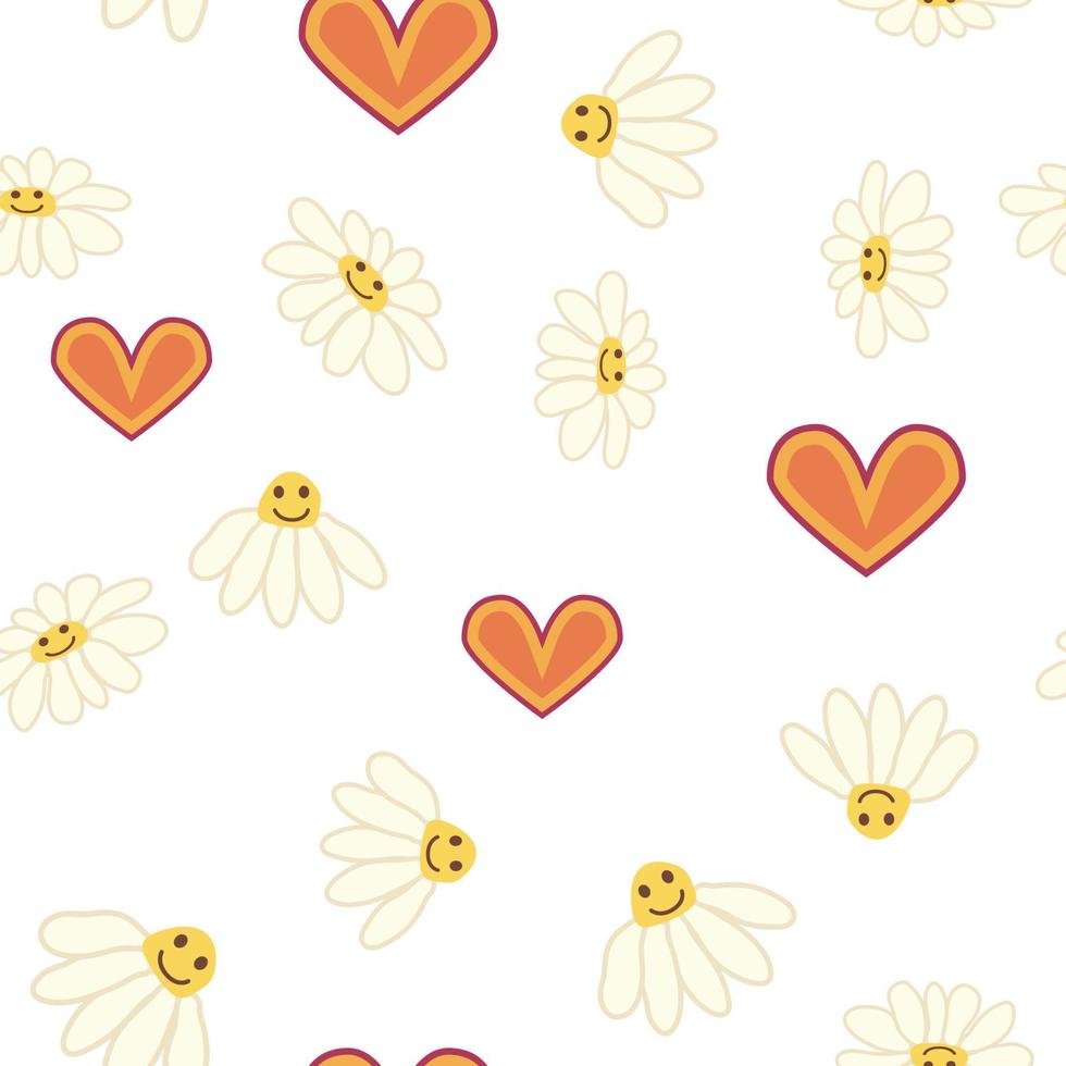 Groovy daisy retro seamless pattern. 70s vibe hippie ornament. Floral wallpaper. vector