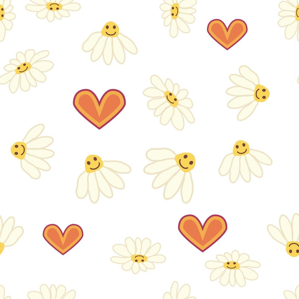 Groovy daisy retro seamless pattern. 70s vibe hippie ornament. Floral wallpaper. vector