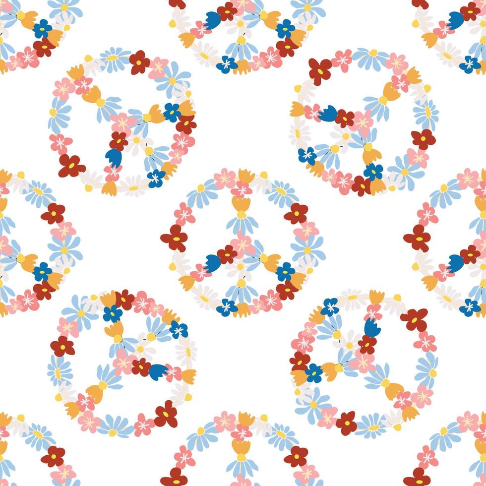 Peace symbol floral retro 70s seamless pattern. Clockwork design in the style of the seventies. vector