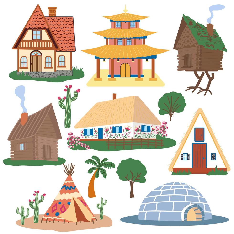 Conjunto de edificios tradicionales de diferentes países, casas de todo el mundo. vector