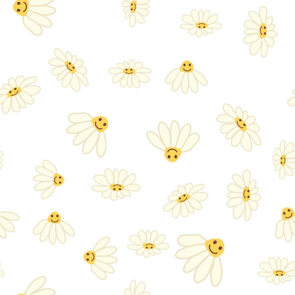 Groovy daisy retro seamless pattern. 70s vibe hippie ornament. Floral wallpaper. vector