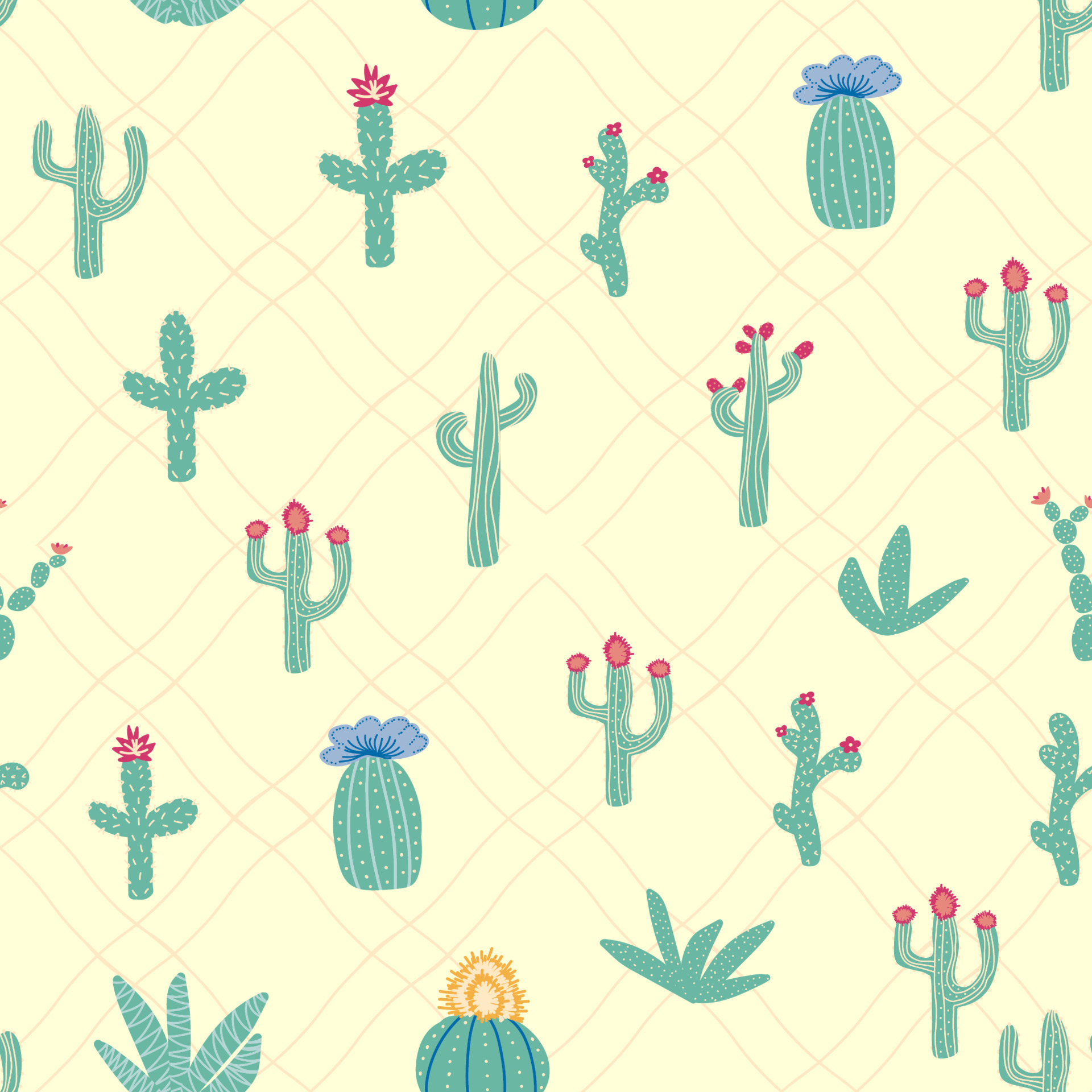 seamless pattern with different cactus. Bright repeated texture with