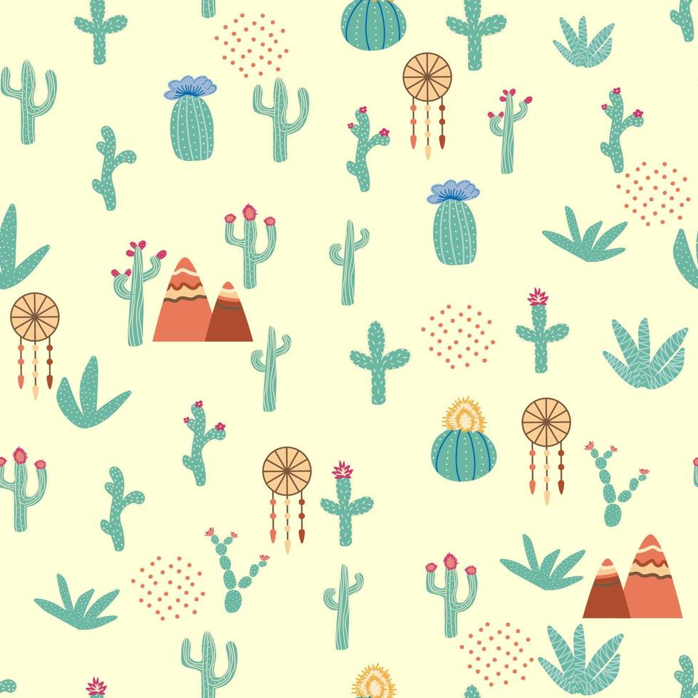 seamless pattern with different cactus. Bright repeated texture with green cacti. Natural background with desert plants vector