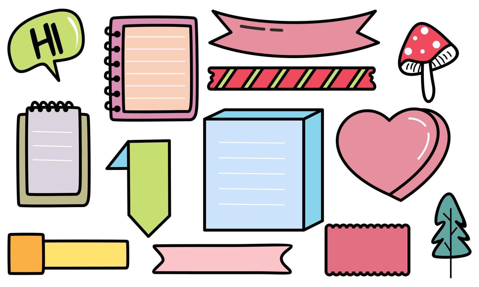 Cute bullet journal notes paper and ornament collection set in colorful style vector