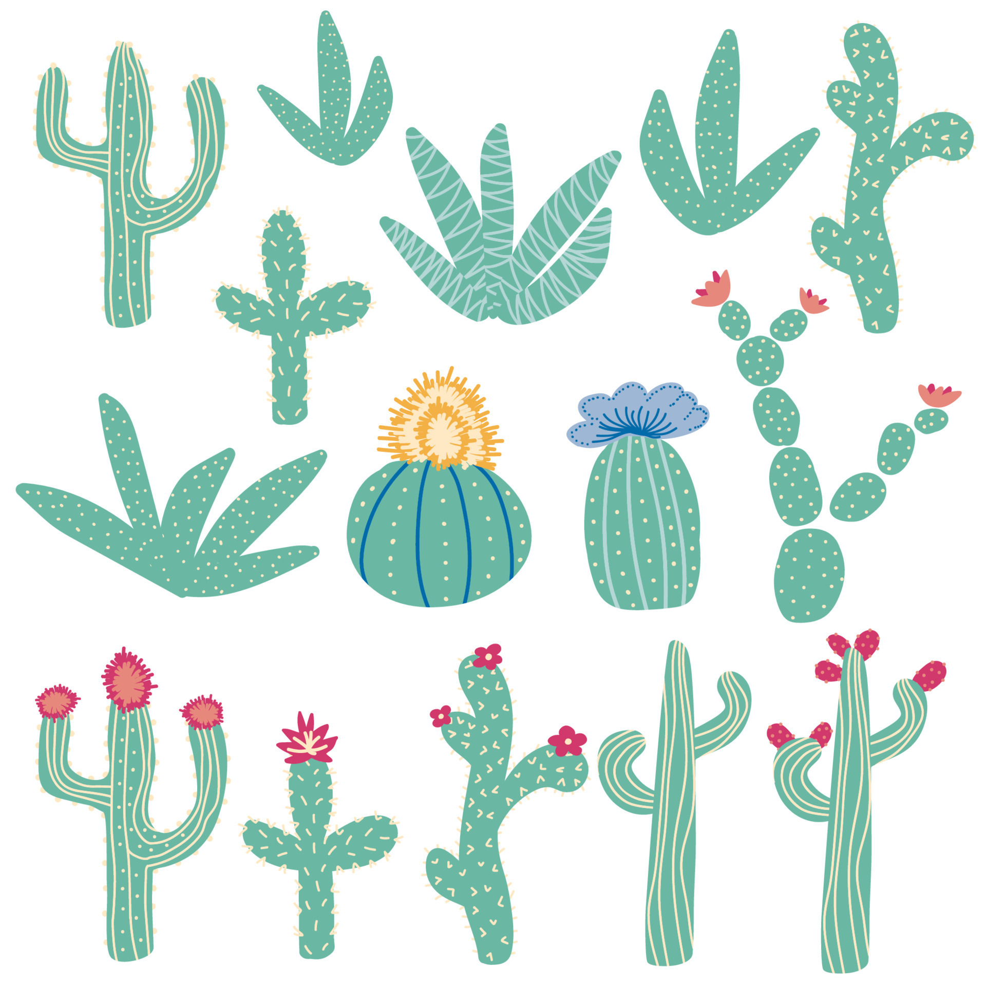 pattern with different cactus. Bright repeated texture with green cacti