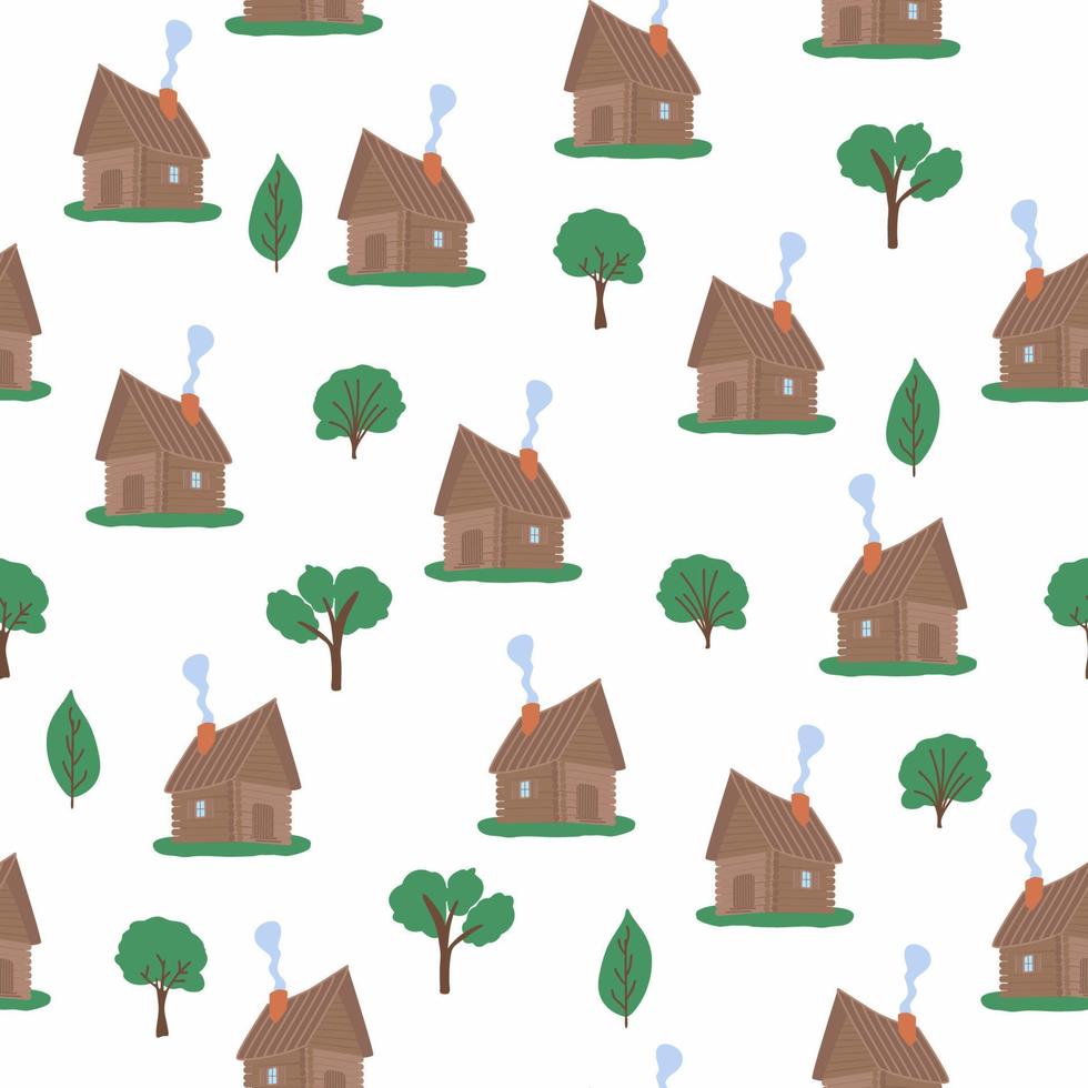 casa de madera en el bosque de patrones sin fisuras. escena con árboles de hoja caduca, abetos y una choza rusa vector