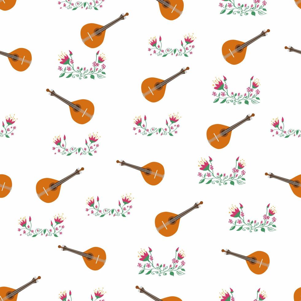 Portuguese guitar seamless pattern with flowers, typical azulejo tiles. Music and musical traditions vector