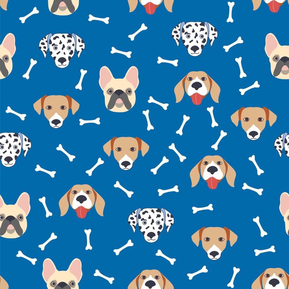 Seamless patterns with cute cartoon dogs muzzles. Dalmatian, Terrier, Bulldog vector