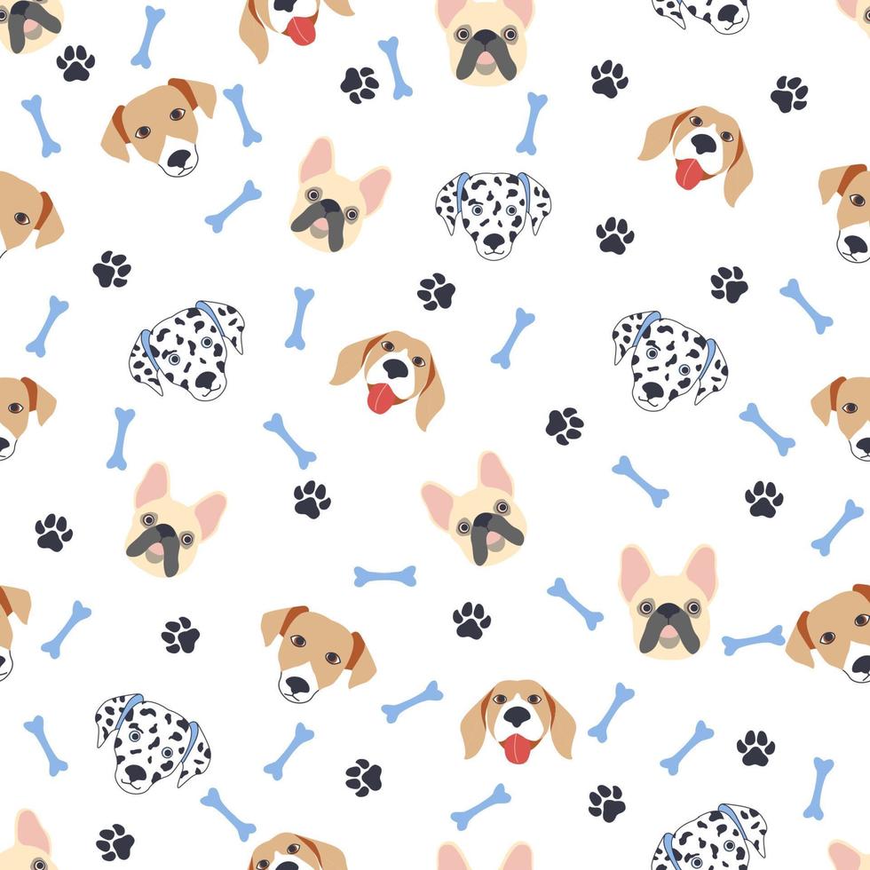 Seamless patterns with cute cartoon dogs muzzles. Dalmatian, Terrier, Bulldog vector