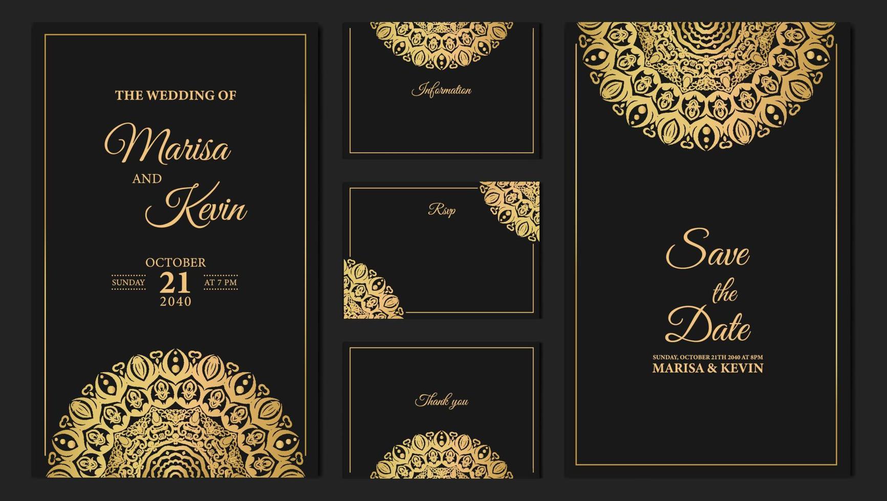 Luxury wedding invitation card design with golden mandala vector
