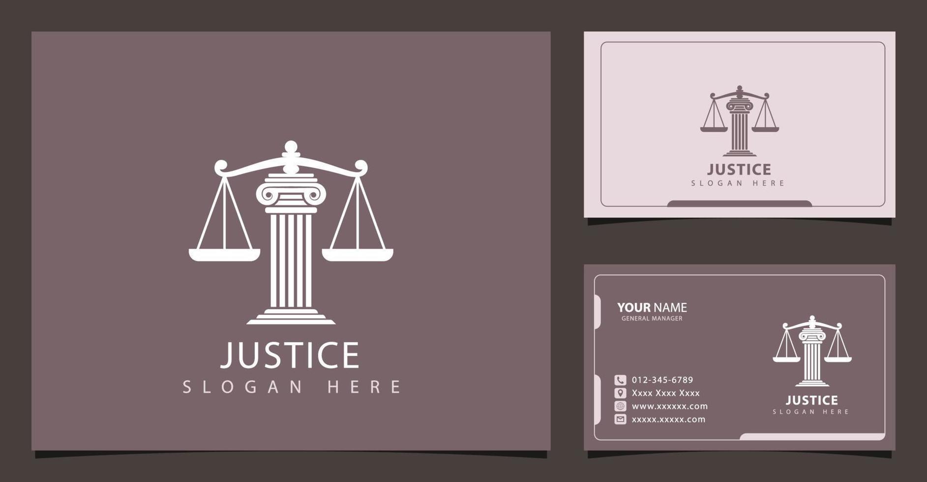 diseño de logotipo de lujo del pilar de la justicia y tarjeta de visita vector