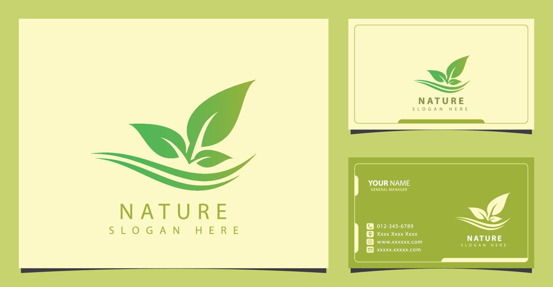 logotipo de naturaleza con concepto de hoja verde degradado y diseño de tarjeta de visita vector