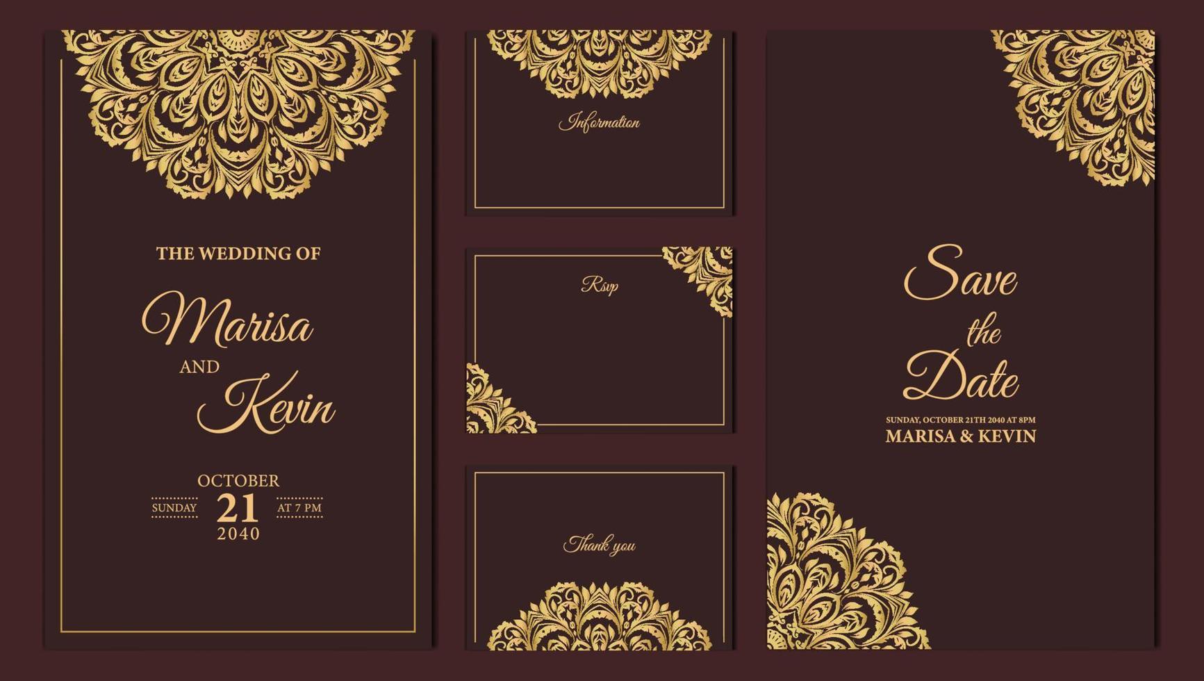 diseño de tarjeta de invitación de boda de lujo con mandala dorado vector