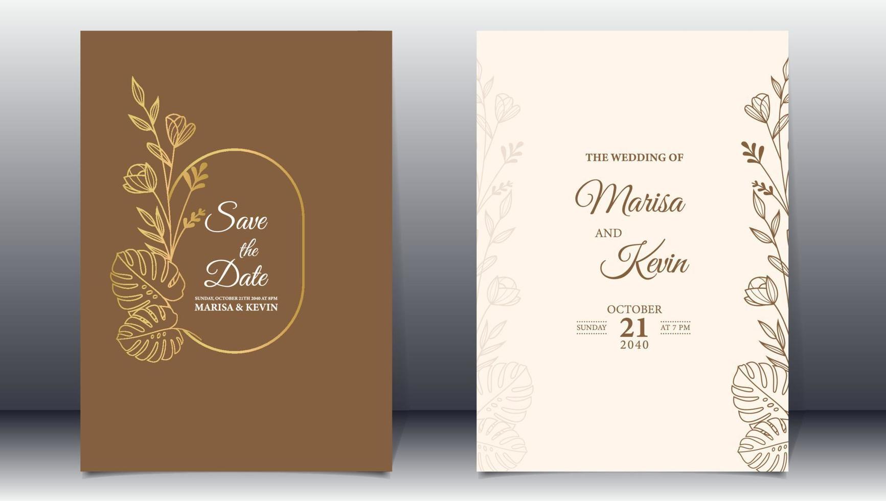 Luxury wedding invitation with gold line style minimalist floral premium vector