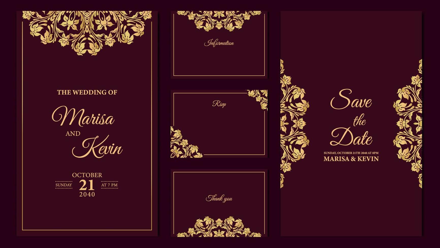 Luxury wedding invitation card design with golden mandala vector