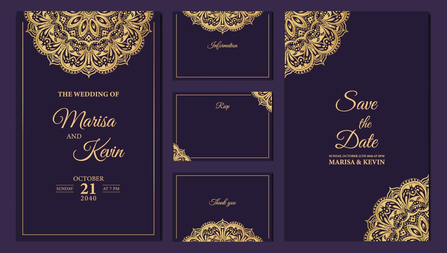 Luxury wedding invitation card design with golden mandala vector