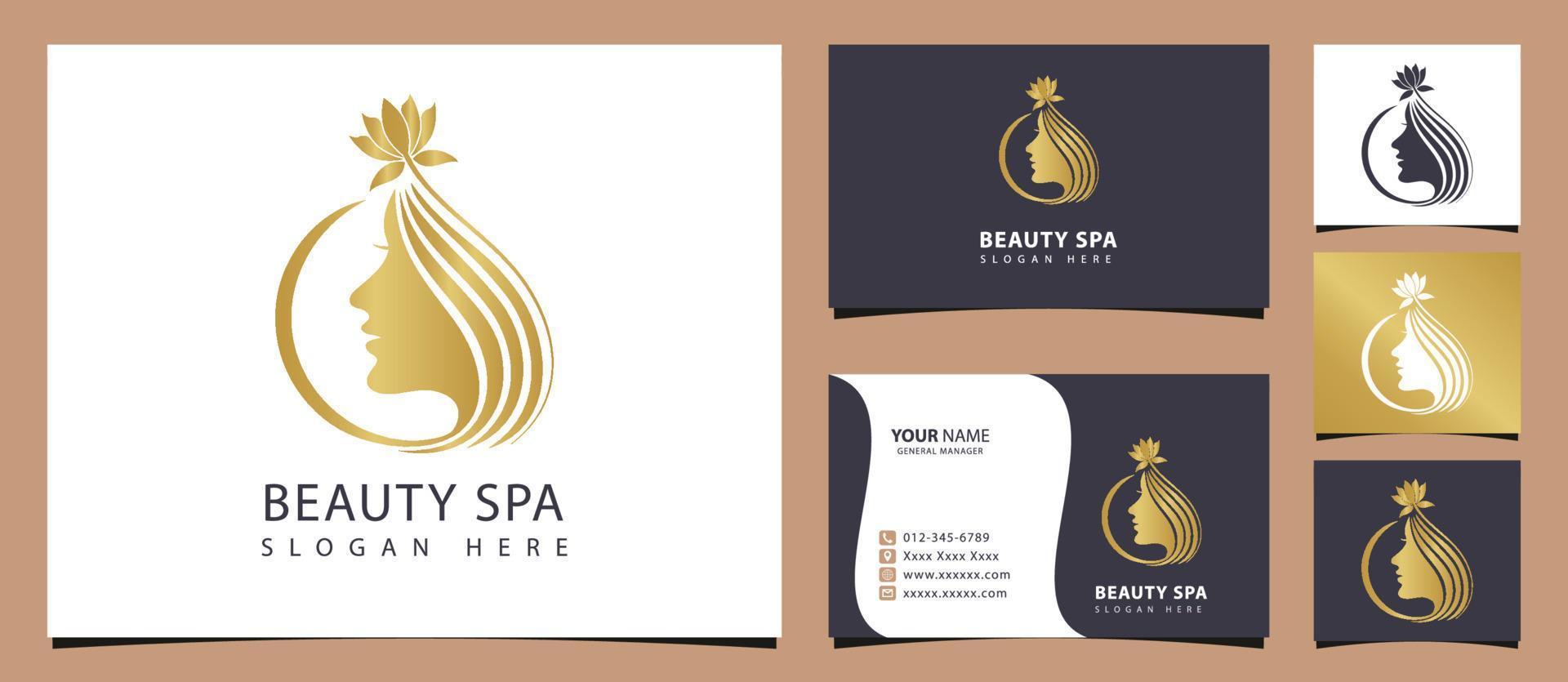 logotipo de mujer de spa de belleza de lujo con plantilla de tarjeta de visita vector