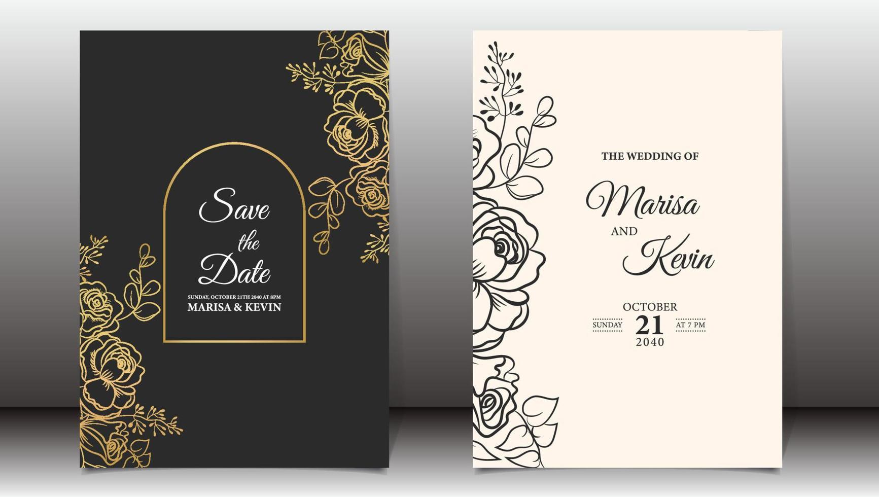 Luxury wedding invitation with gold line style minimalist floral premium vector