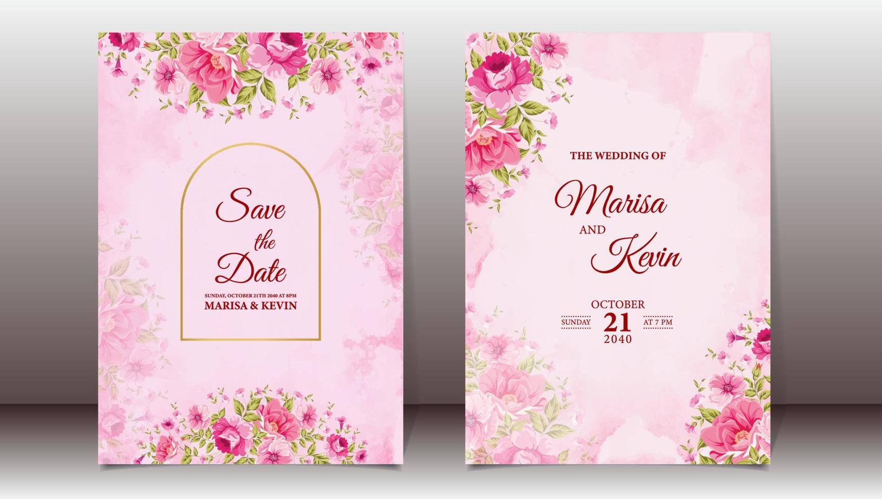 elegante plantilla de invitación de boda floral rosa con fondo de acuarela vector