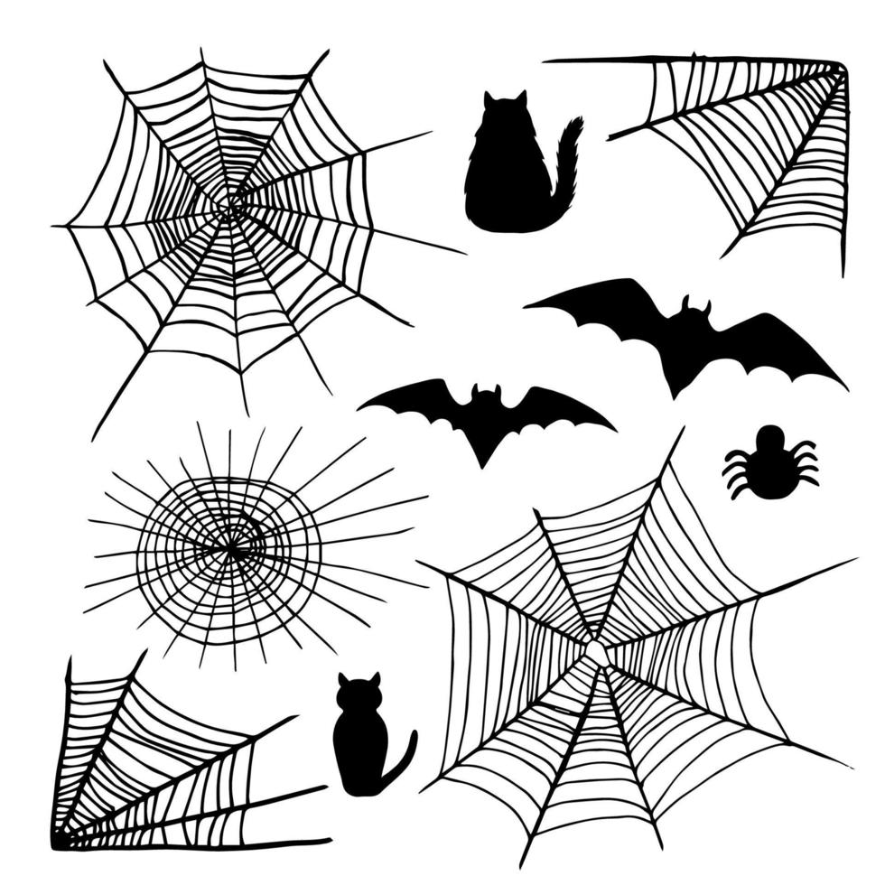 vector set of spider webs, cats, bats and spider. Hand drawn black ink and traced doodle collection for Halloween theme.