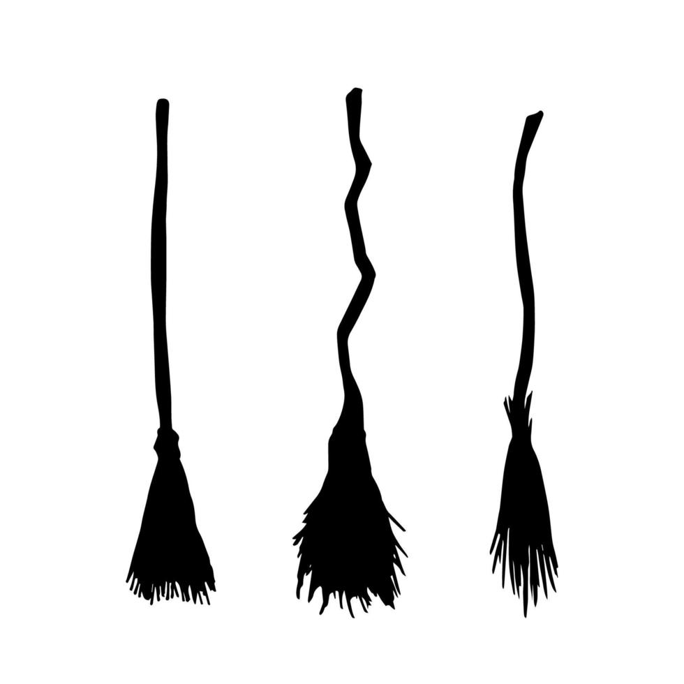 hand drawn set of three mail. Vector traced illustration of black silhouettes of witch brooms