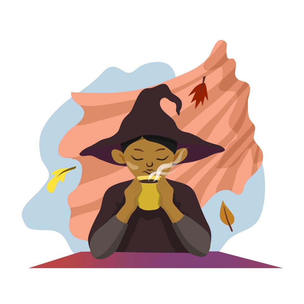 Black teenage girl in a witch costume holds a hot drink in her hands from which steam is coming, against the background of a fluttering curtain and autumn leaves fly vector