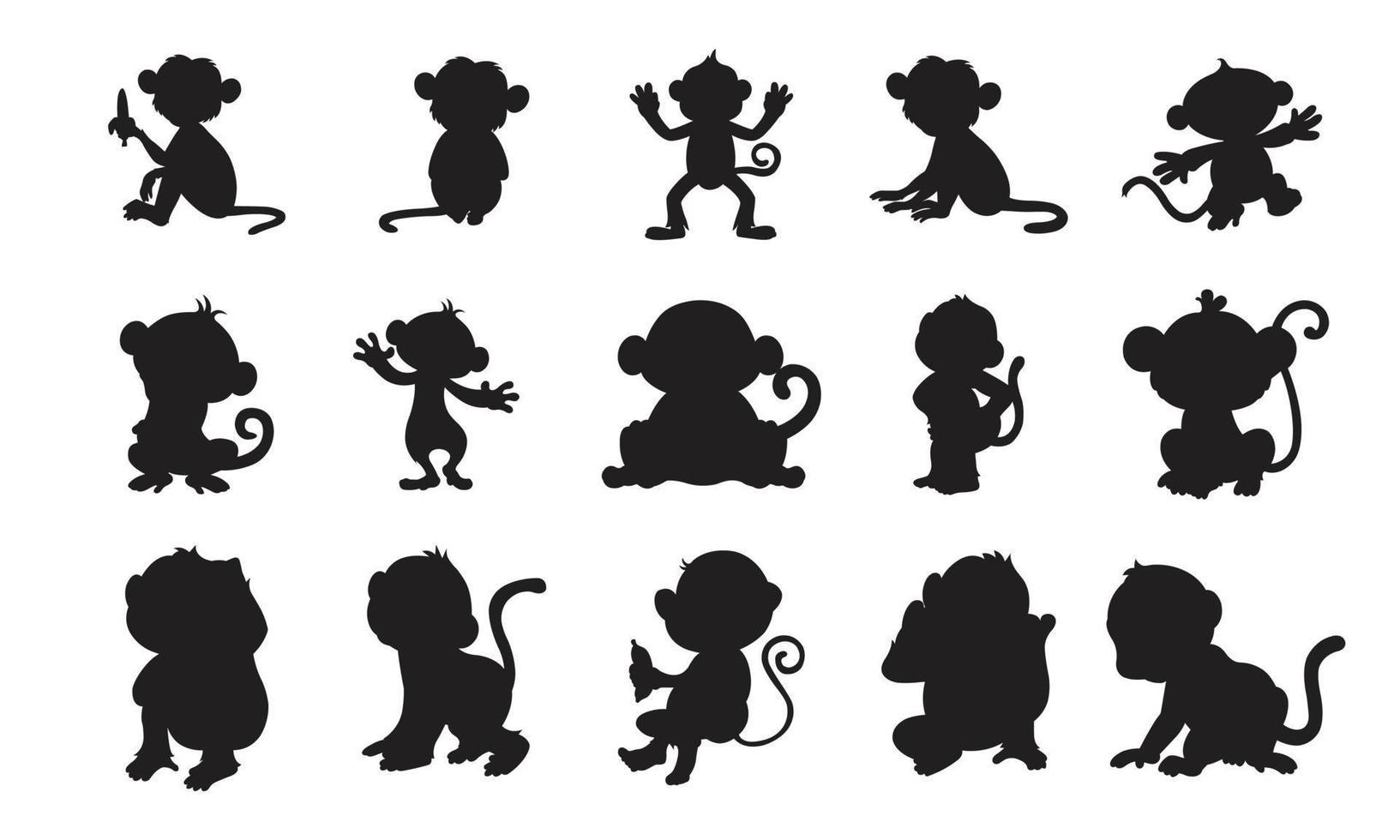 conjunto de silueta de mono ilustración colección de vectores de simios aislado sobre fondo blanco conjunto de silueta de animal negro libro para colorear para niños