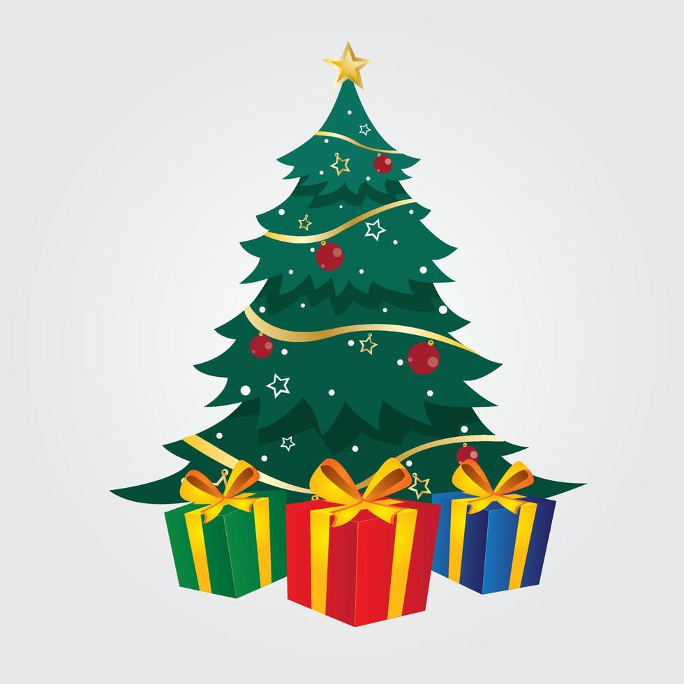 árbol de navidad aislado, árbol de navidad con luces de bolas de regalos de abeto vector