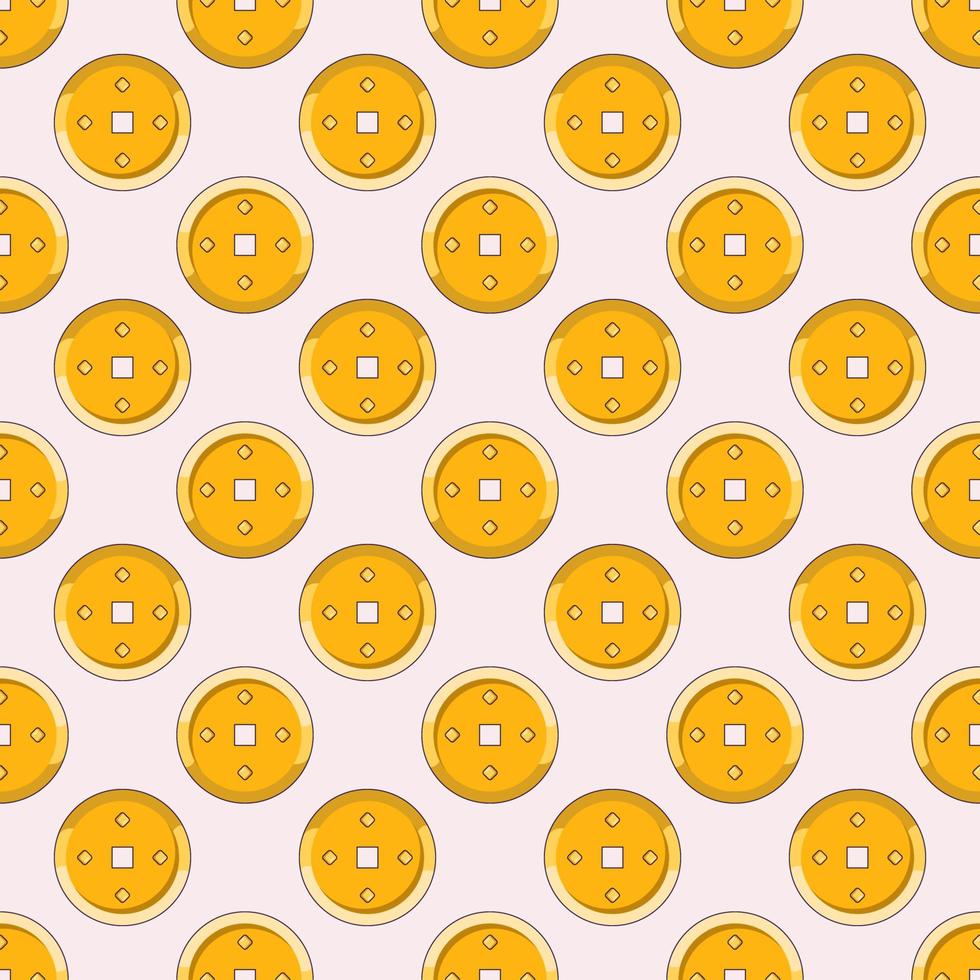 Vector seamless pattern of cartoon golden traditional Chinese coin