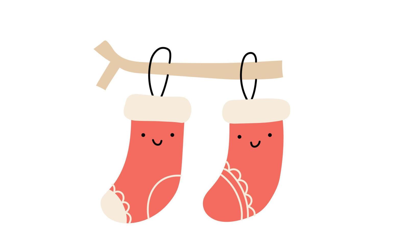 Vector christmas illustration couple of warm knitted happy smilling red socks. Pair of cute patterned elements for winter design. Comfort and warm concept. Doodle minimalism style
