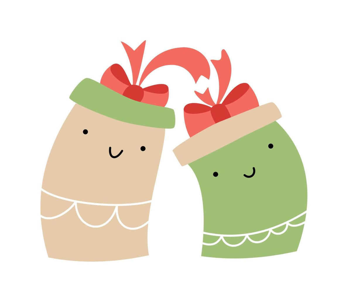 Vector christmas illustration couple of happy love smilling gift boxes. Pair of cute patterned elements for winter design. Joy and family concept. Doodle minimalism style